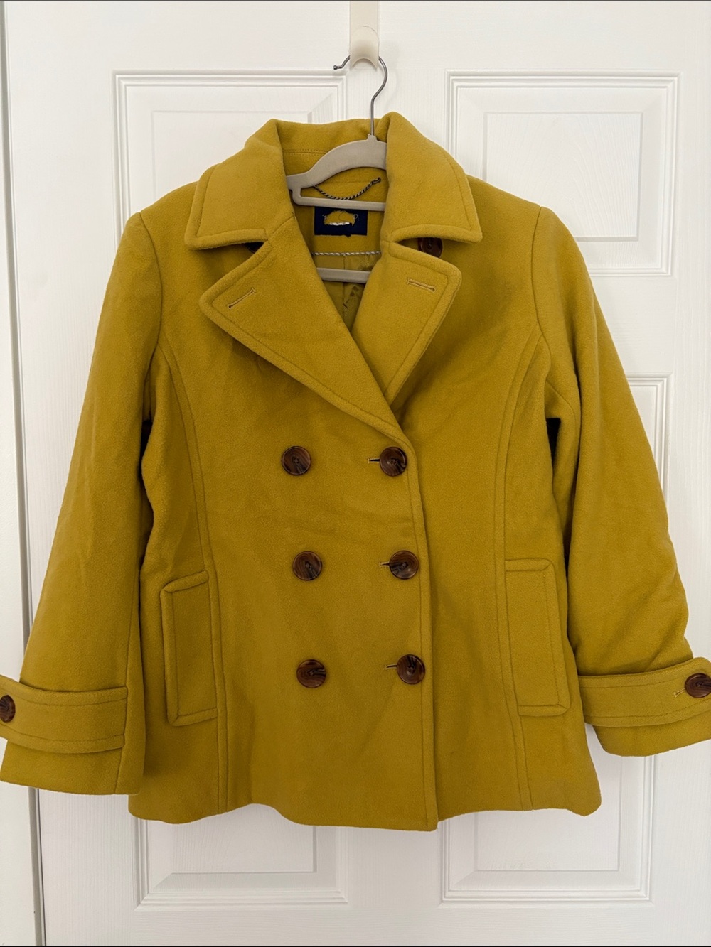 Lands' End Wool Women's Double-Breasted Peacoat in Mustard Yellow